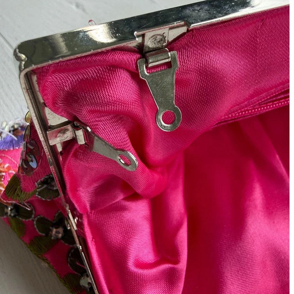 Hot Pink Embroidered Sequin Beaded Floral Clutch Evening Bag